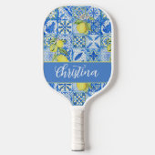 Blue Tile French Country Lemon Pattern Monogram Pickleball Schläger (Vorderseite)