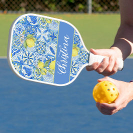 Blue Tile French Country Lemon Pattern Monogram Pickleball Schläger