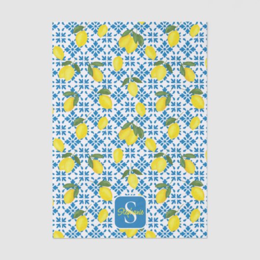 Blue Tile French Country Lemon Pattern Monogram Seidenpapier (Vorderseite)