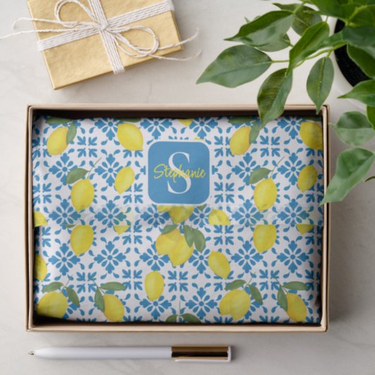 Blue Tile French Country Lemon Pattern Monogram  Seidenpapier (Geschenk)