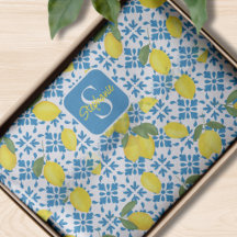 Blue Tile French Country Lemon Pattern Monogram 