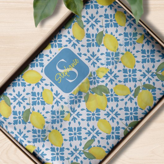 Blue Tile French Country Lemon Pattern Monogram  Seidenpapier