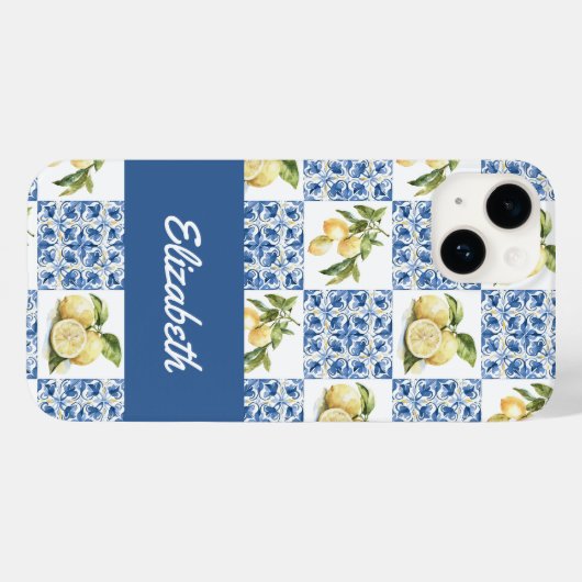Blue Tile French Country Lemon Pattern Name Case-Mate iPhone Hülle (Rückseite (Horizontal))