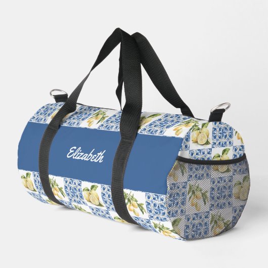 Blue Tile French Country Lemon Pattern Name Duffle Bag (Rechte Ecke)