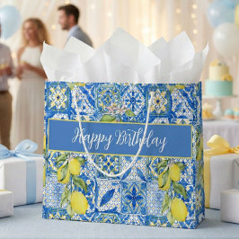 Blue Tile French Country Lemon Pattern Name Große Geschenktüte