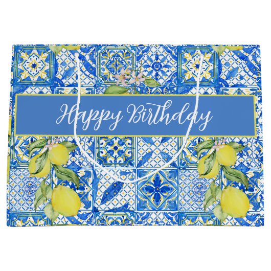 Blue Tile French Country Lemon Pattern Name Große Geschenktüte (Vorderseite)