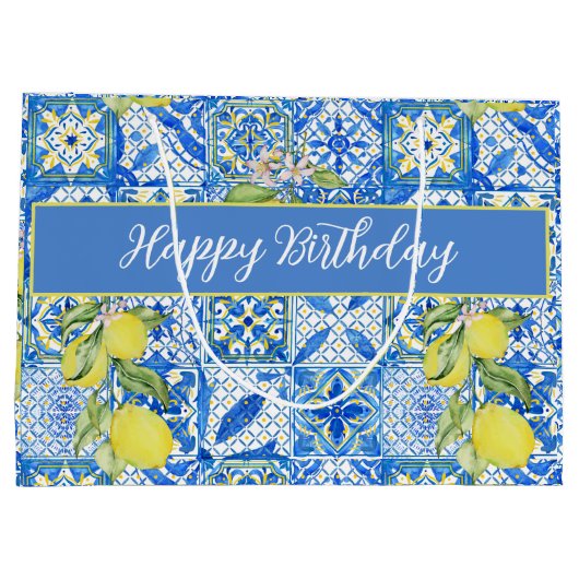 Blue Tile French Country Lemon Pattern Name Große Geschenktüte (Rückseite)