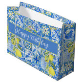 Blue Tile French Country Lemon Pattern Name Große Geschenktüte (Vorderseite Schrägansicht)