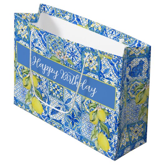 Blue Tile French Country Lemon Pattern Name Große Geschenktüte (Vorderseite Schrägansicht)