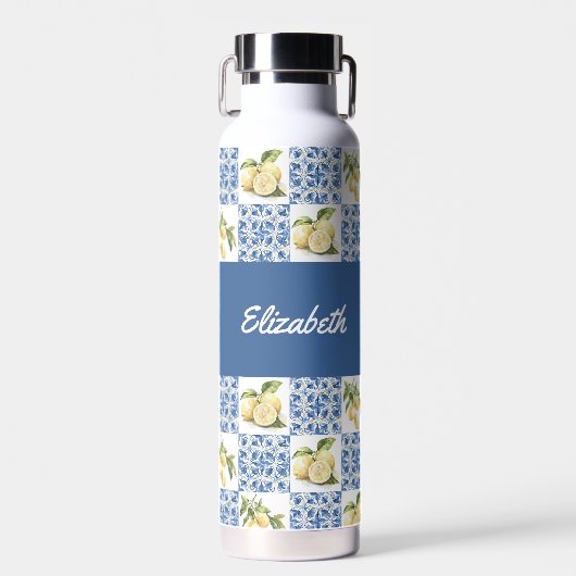 Blue Tile French Country Lemon Pattern Name Trinkflasche (Vorne)