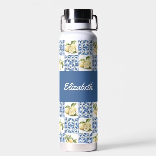Blue Tile French Country Lemon Pattern Name Trinkflasche (Rückseite)