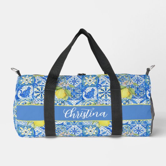 Blue Tile French Country Lemon Pattern Provencal Duffle Bag (Vorderseite)