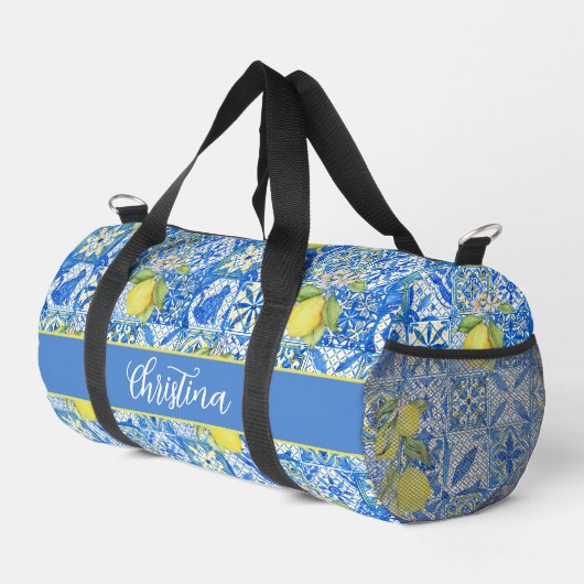 Blue Tile French Country Lemon Pattern Provencal Duffle Bag (Rechte Ecke)