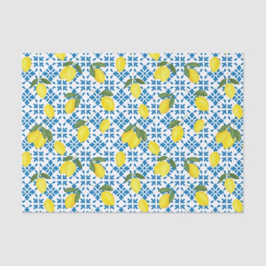 Blue Tile French Country Lemon Pattern Seidenpapier (Vorderseite)