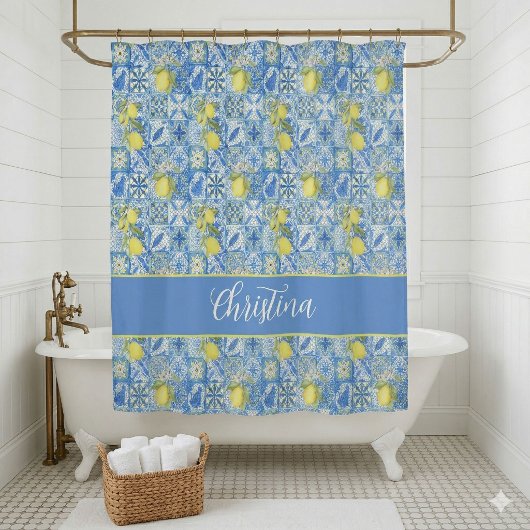 Blue Tile French Country Lemon Pattern Shower Curt Duschvorhang