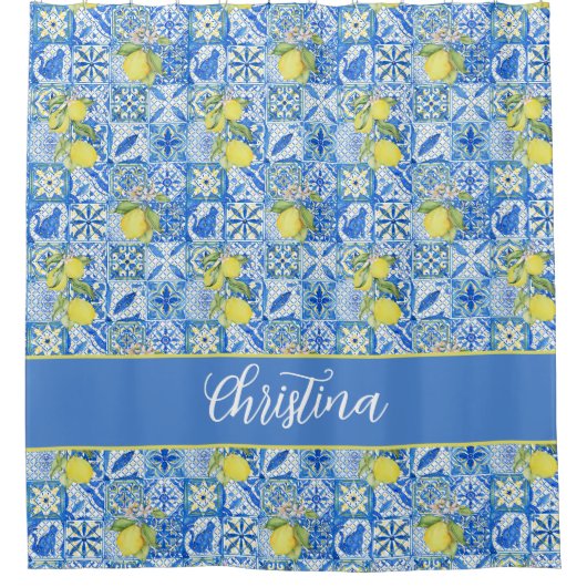 Blue Tile French Country Lemon Pattern Shower Curt Duschvorhang (Vorderseite)