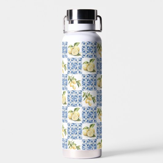 Blue Tile French Country Lemon Pattern Trinkflasche (Rückseite)