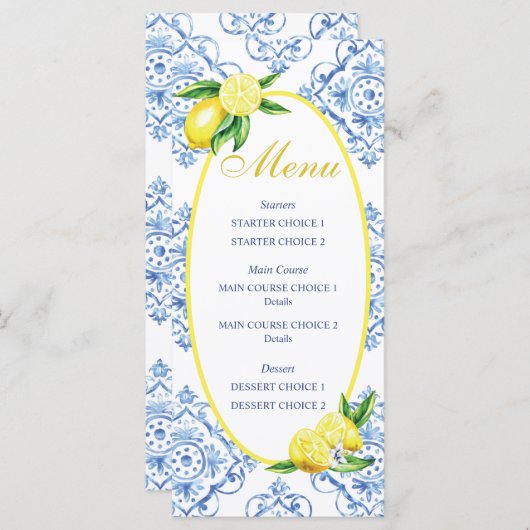 Blue Tile Italian Floral Lemon Dinner Menükarte (Vorne/Hinten)