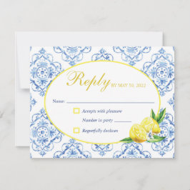 Blue Tile Italian Floral Lemon Response Card RSVP Karte