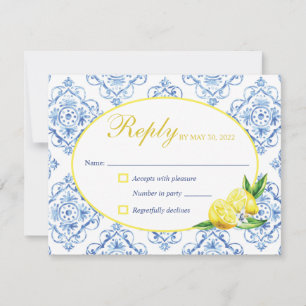 Blue Tile Italian Floral Lemon Response Card RSVP Karte
