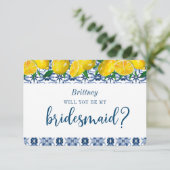 Blue Tile Italian Lemon Bridesmaid Vorschlag Card Einladung (Stehend Vorderseite)