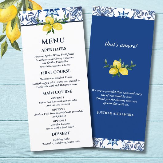 Blue Tile Italian Lemon Mediterranean Wedding Menükarte