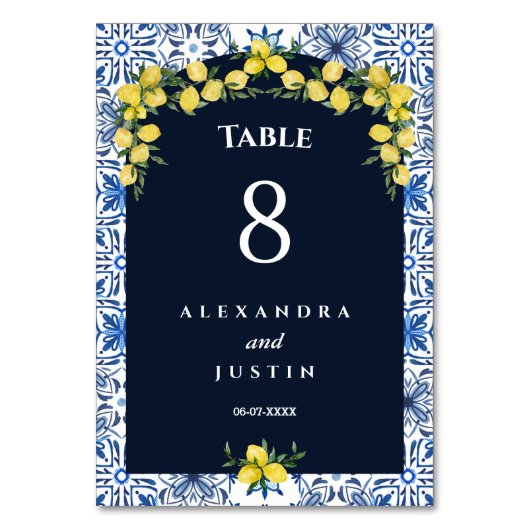 Blue Tile Italian Lemon Mediterranean Wedding Tischnummer (Vorderseite)