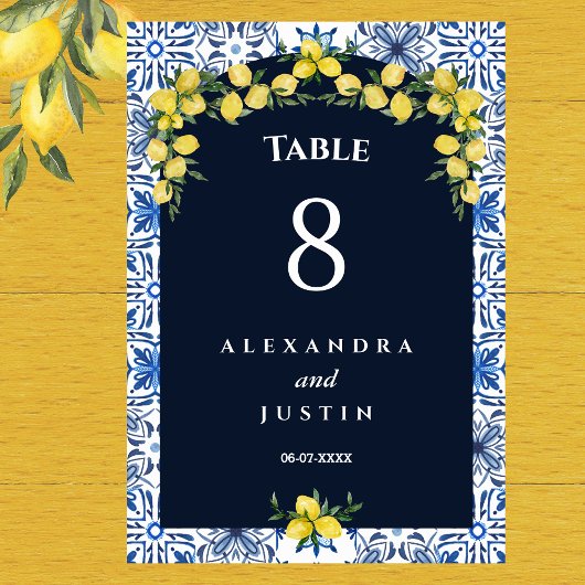 Blue Tile Italian Lemon Mediterranean Wedding Tischnummer
