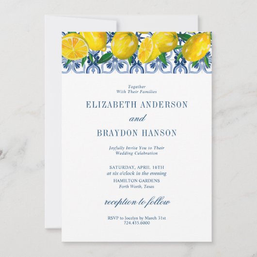Blue Tile Italian Lemon Wedding Einladung (Vorderseite)