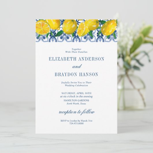 Blue Tile Italian Lemon Wedding Einladung (Stehend Vorderseite)
