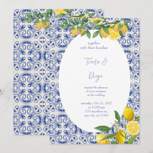 Blue Tile Italian Lemon Wedding Einladung (Vorne/Hinten)