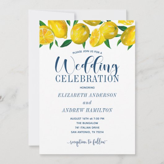 Blue Tile Italian Lemon Wedding Invitation Einladung (Vorderseite)