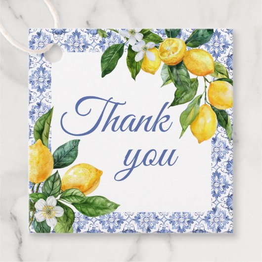 Blue Tile Lemon Baby Dusche Danke Geschenkanhänger (Vorderseite)