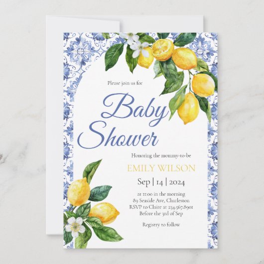 Blue Tile Lemon Baby Dusche Einladung (Vorderseite)