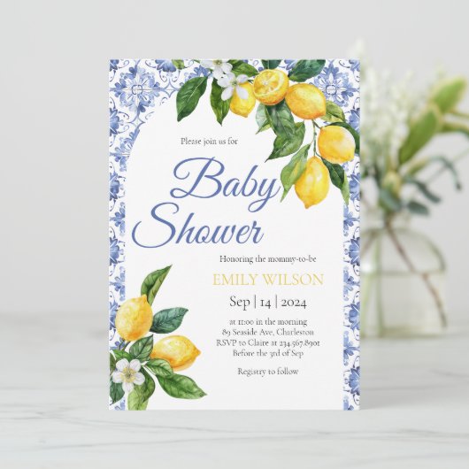 Blue Tile Lemon Baby Dusche Einladung (Stehend Vorderseite)