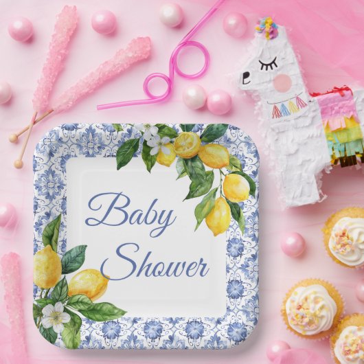 Blue Tile Lemon Baby Dusche Pappteller (Party)