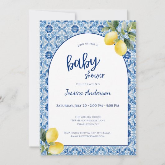 Blue Tile Lemon Baby Shower Invitation Einladung (Vorderseite)