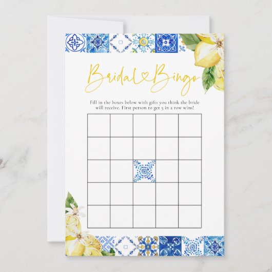 Blue Tile Lemon Brautparty Bingo Game Cards Einladung (Vorderseite)