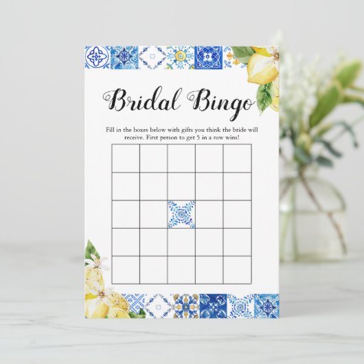 Blue Tile Lemon Brautparty Bridal Bingo Game Einladung (Stehend Vorderseite)