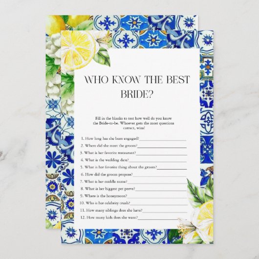 Blue Tile Lemon Bridal Showerspiel Einladung (Vorne/Hinten)