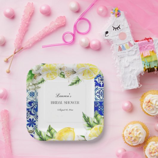 Blue Tile Lemon Italian Bridal Shower  Pappteller (Party)