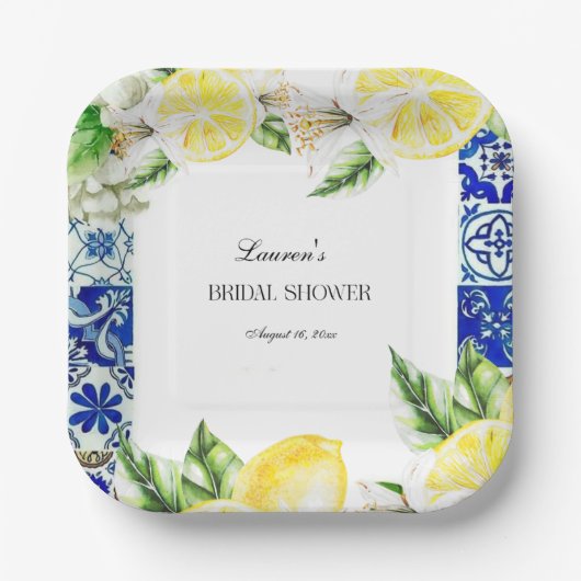 Blue Tile Lemon Italian Bridal Shower  Pappteller (Vorderseite)