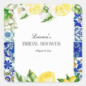 Blue Tile Lemon Italienisches Brautparty Quadratischer Aufkleber (Vorderseite)