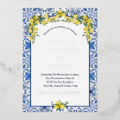 Blue Tile Lemon Mediterrane Hochzeit Folieneinladung (Vorderseite)