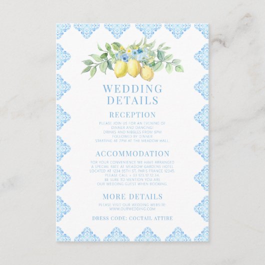 Blue Tile Lemon Mediterranean Wedding Details Begleitkarte (Vorderseite)