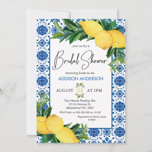 Blue Tile Lemon Themed Bridal Dusche Einladung (Vorderseite)