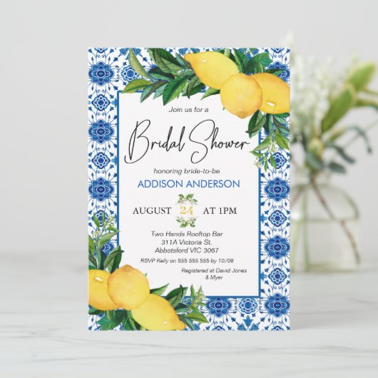 Blue Tile Lemon Themed Bridal Dusche Einladung (Stehend Vorderseite)