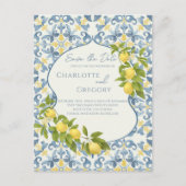 Blue Tile Lemon Wedding Save the Date Ankündigungspostkarte (Vorderseite)