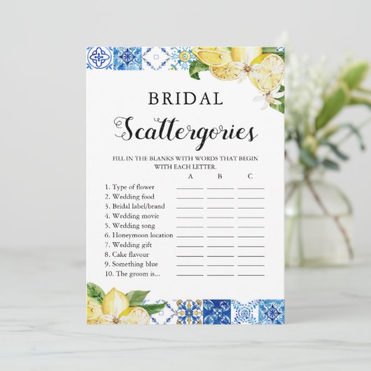 Blue Tile Lemons Citrus Bridal Scattergories Game Einladung (Stehend Vorderseite)