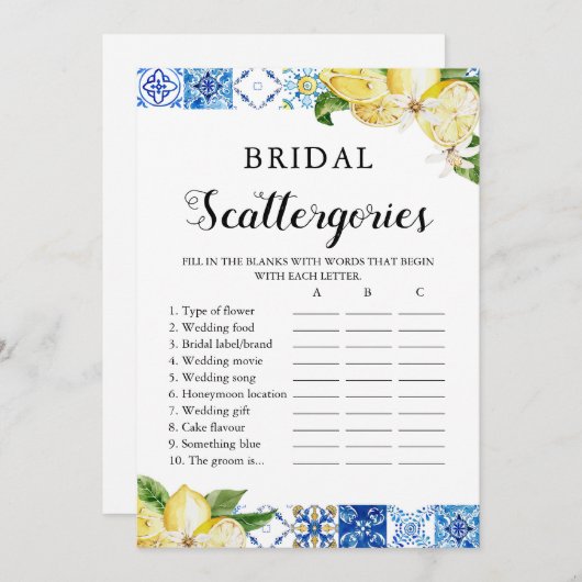 Blue Tile Lemons Citrus Bridal Scattergories Game Einladung (Vorne/Hinten)